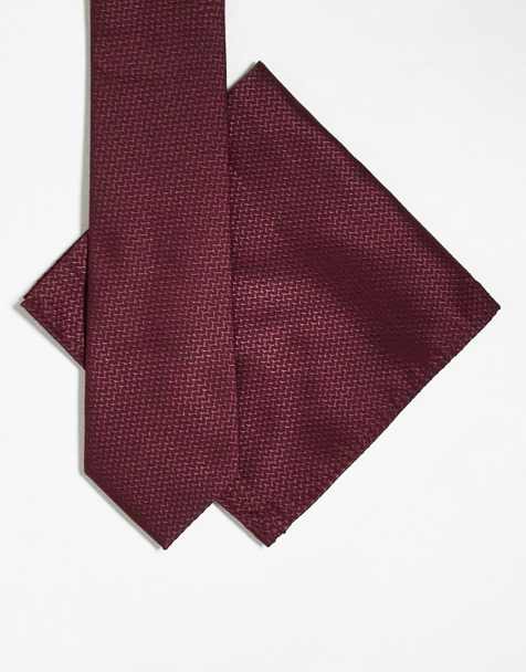 ASOS DESIGN textured tie and pocket square in burgundy - view 1