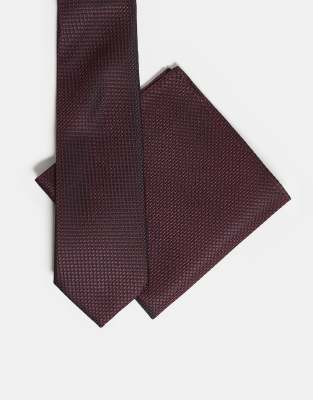Asos Design Textured Tie And Pocket Square In Burgundy