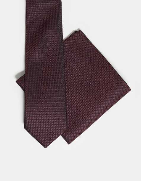 ASOS DESIGN textured tie and pocket square in burgundy - view 1