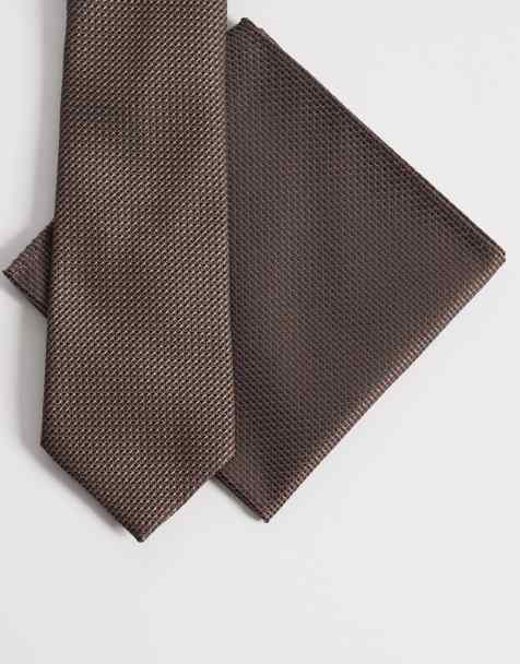 ASOS DESIGN textured tie and pocket square in light brown - view 1
