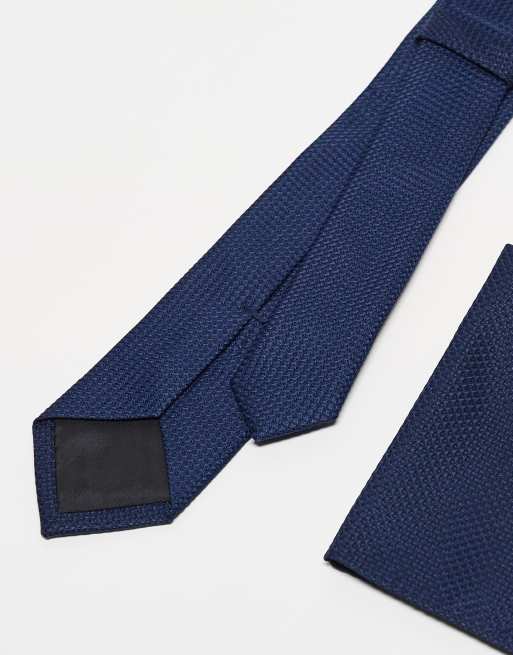 ASOS DESIGN textured tie and pocket square in navy, 3 of 3
