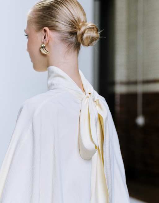 ASOS DESIGN textured tie detail smock blouse in cream, 2 of 4