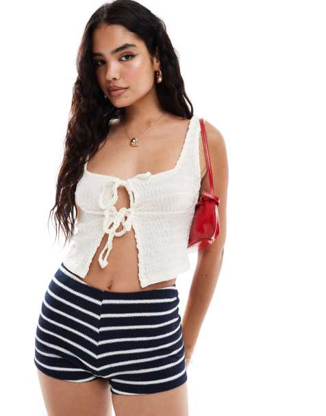 ASOS DESIGN textured tie front cami top in ivory - view 1