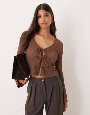 ASOS DESIGN textured tie front long sleeve top in chocolate-Brown