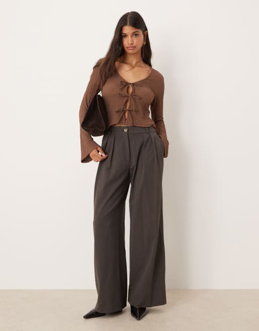 ASOS DESIGN textured tie front long sleeve top in chocolate