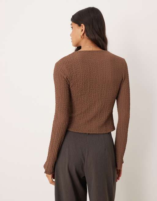 ASOS DESIGN textured tie front long sleeve top in chocolate