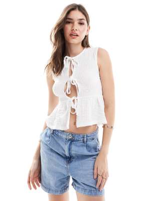 ASOS DESIGN textured tie front top in ivory-White