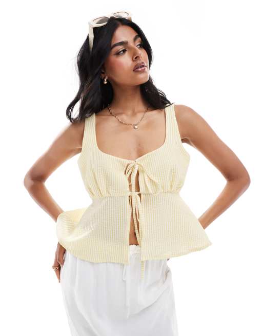 ASOS DESIGN textured tie front top in lemon stripe (part of a set)