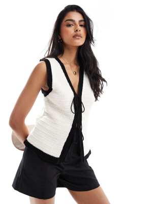 textured tie front vest with contrast tipping in cream and black-White