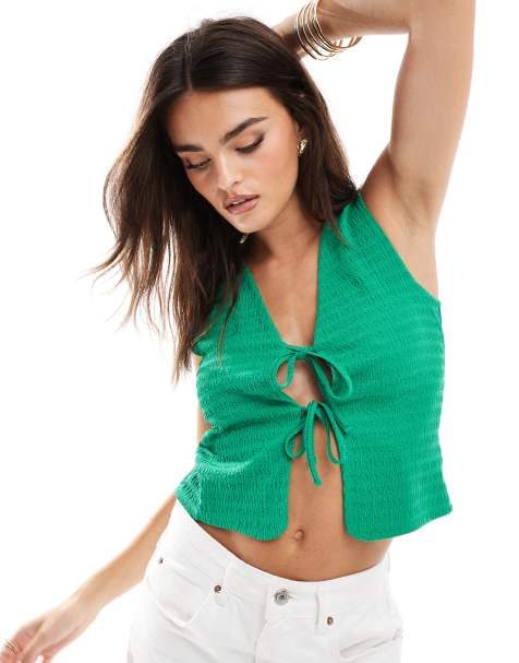 ASOS DESIGN textured tie front waistcoat in green - view 1