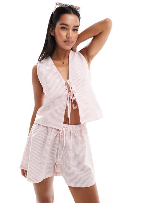 ASOS DESIGN textured tie front waistcoat in pink stripe (part of a set)