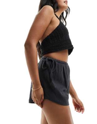 Asos Design Textured Tie Side High Low Shorts In Charcoal-gray