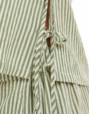 ASOS DESIGN textured tie side shell top in khaki stripe - part of a set