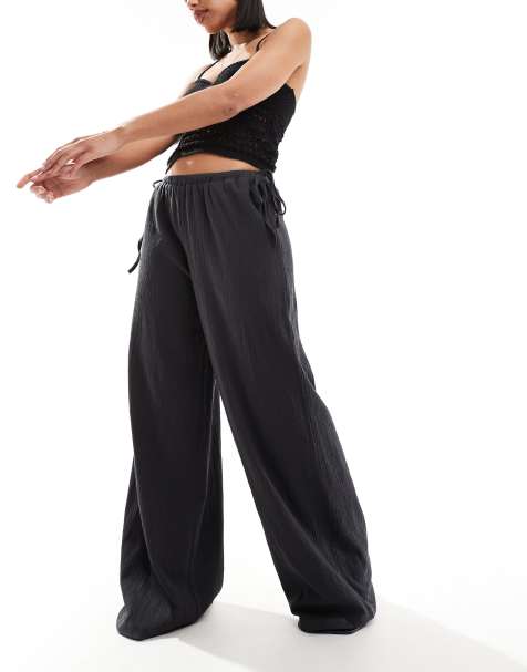 ASOS DESIGN textured tie side wide leg trouser in charcoal - view 1