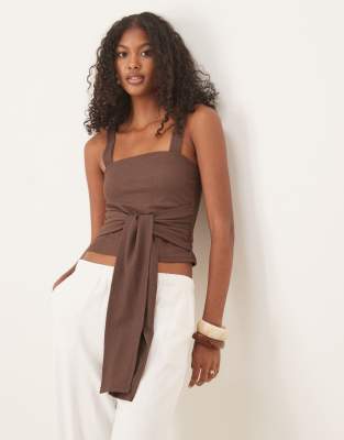 ASOS DESIGN textured tie waist detail cami top in chocolate - view 1