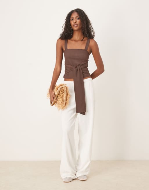 ASOS DESIGN textured tie waist detail cami top in chocolate, 2 of 4