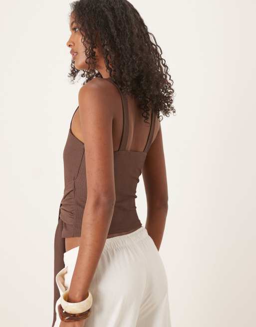 ASOS DESIGN textured tie waist detail cami top in chocolate, 4 of 4