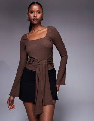 ASOS DESIGN textured tie waist flared sleeve top in chocolate-Brown