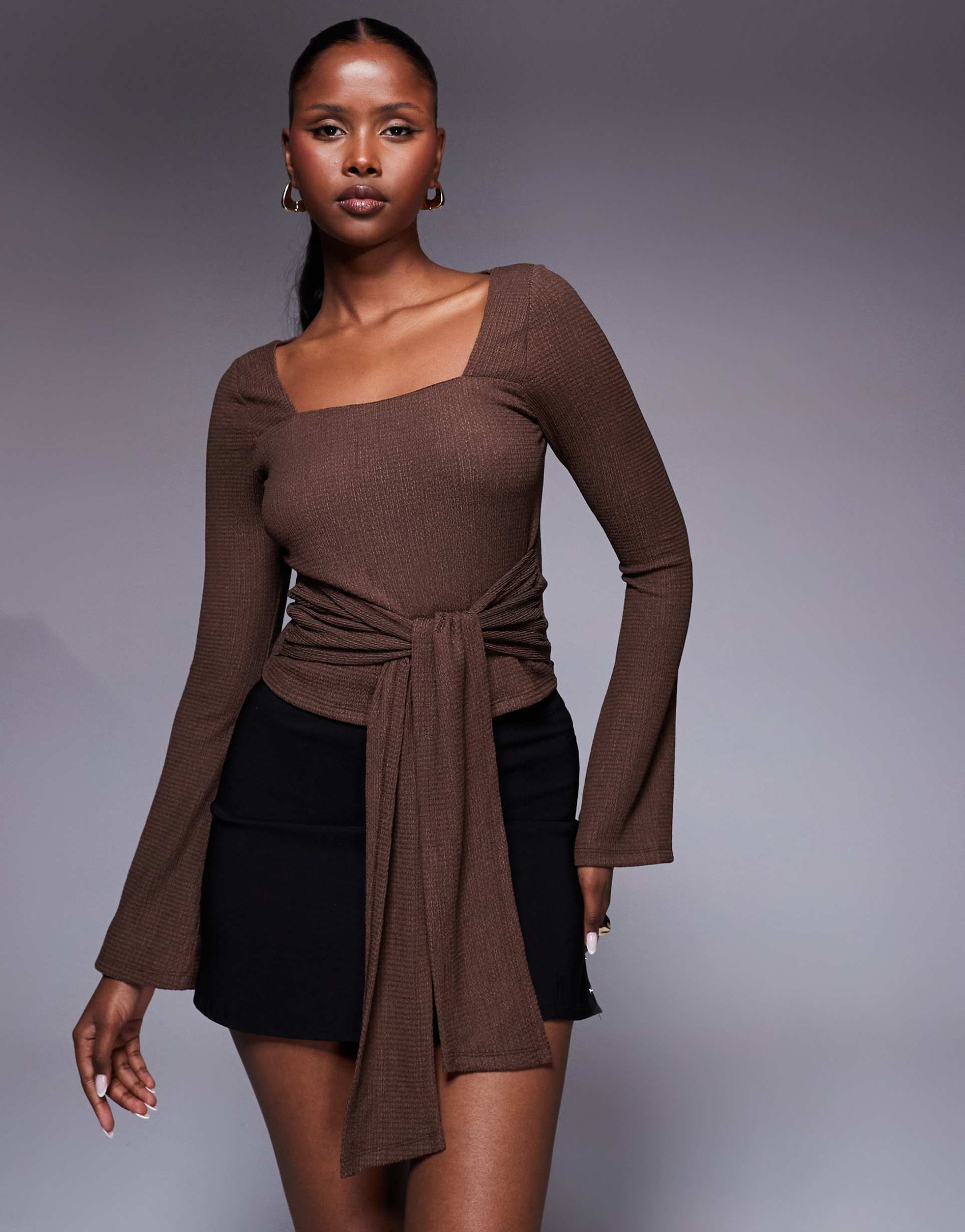 asos design textured tie waist flared sleeve top in chocolate