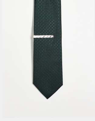 Asos Design Textured Tie With Tie Bar