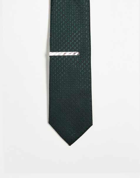 ASOS DESIGN textured tie with tie bar in dark green - view 1