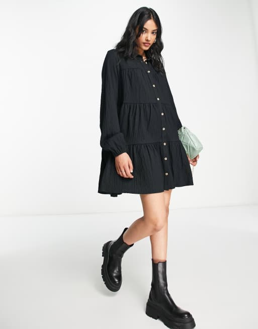 ASOS DESIGN Curve textured tiered long sleeve shirt dress in black