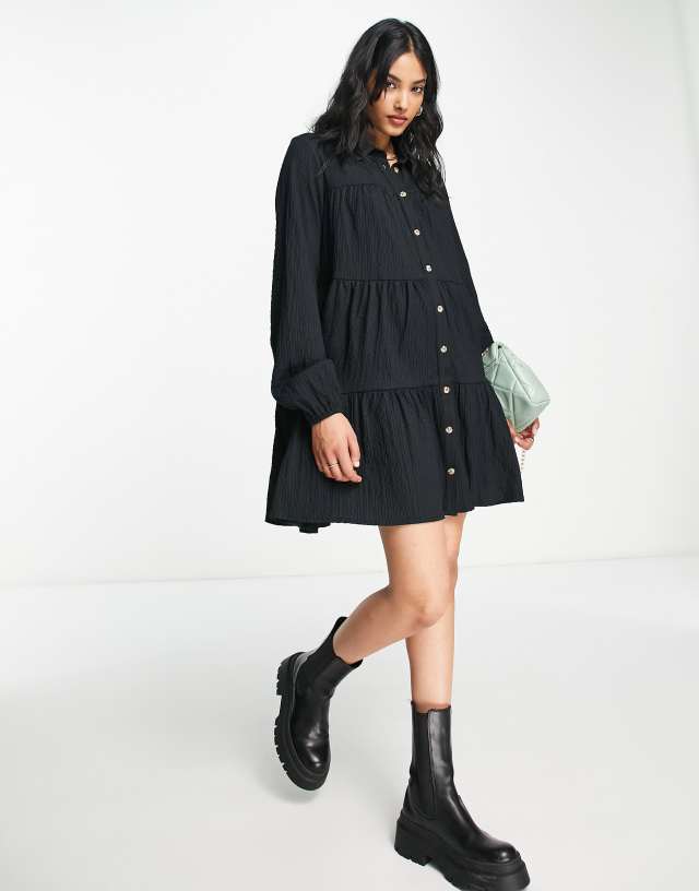 ASOS DESIGN textured tiered long sleeve shirt dress in black