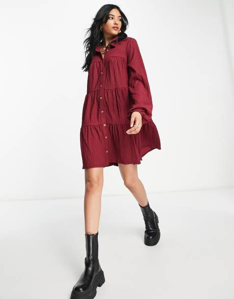 ASOS DESIGN textured tiered long sleeve shirt dress in burgundy - view 1