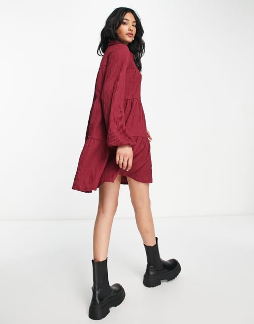 ASOS DESIGN textured tiered long sleeve shirt dress in burgundy, 2 of 4