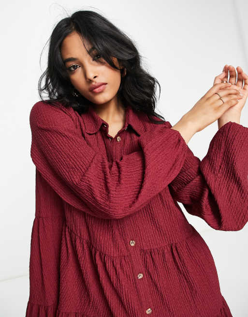 ASOS DESIGN textured tiered long sleeve shirt dress in burgundy, 3 of 4