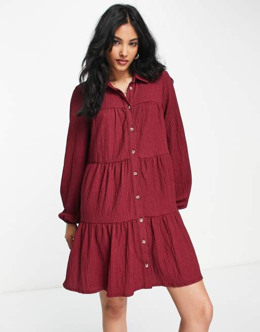 ASOS DESIGN textured tiered long sleeve shirt dress in burgundy, 4 of 4