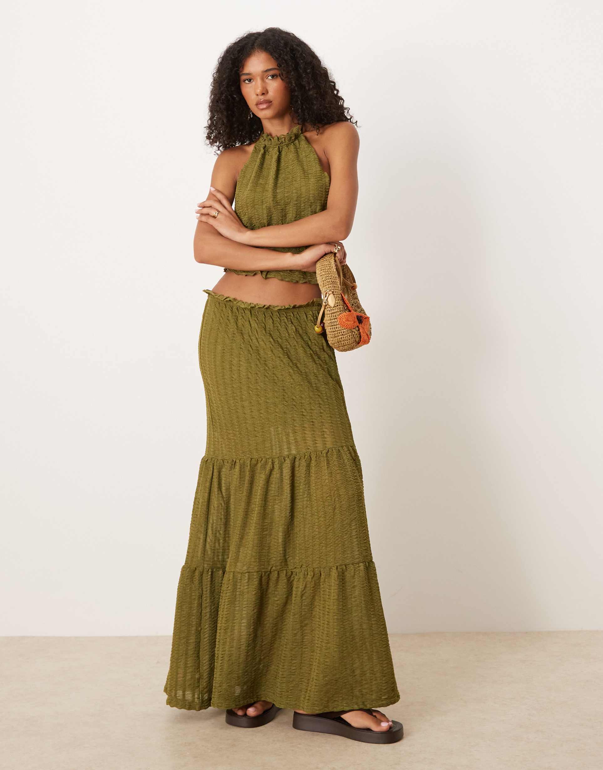 asos design textured tiered maxi skirt in green - part of a set