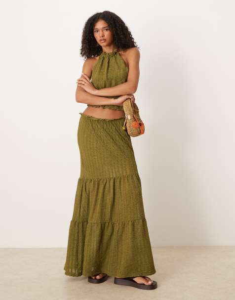 ASOS DESIGN co-ord textured tiered maxi skirt in green