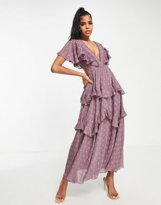 ASOS DESIGN textured tiered midi dress with lace insert and open back in mauve