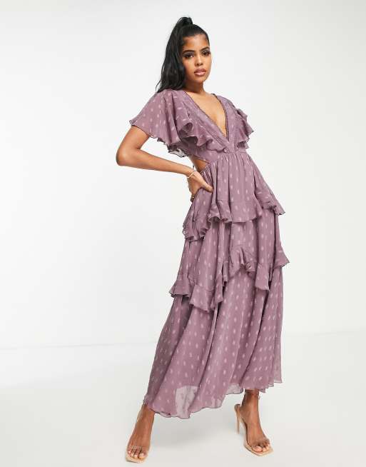 ASOS DESIGN textured tiered midi dress with lace insert and back in mauve | ASOS