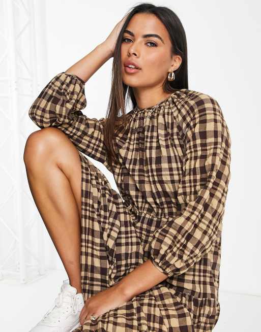 ASOS DESIGN textured tiered midi smock dress in seersucker check