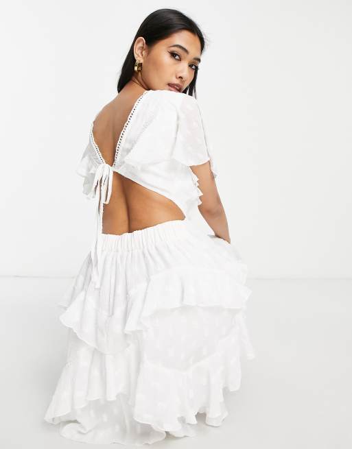 ASOS DESIGN textured tiered mini dress with lace insert and open back in  white