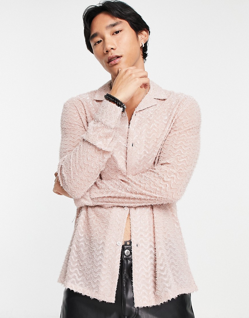 ASOS DESIGN textured tinsel shirt with revere collar in soft pink