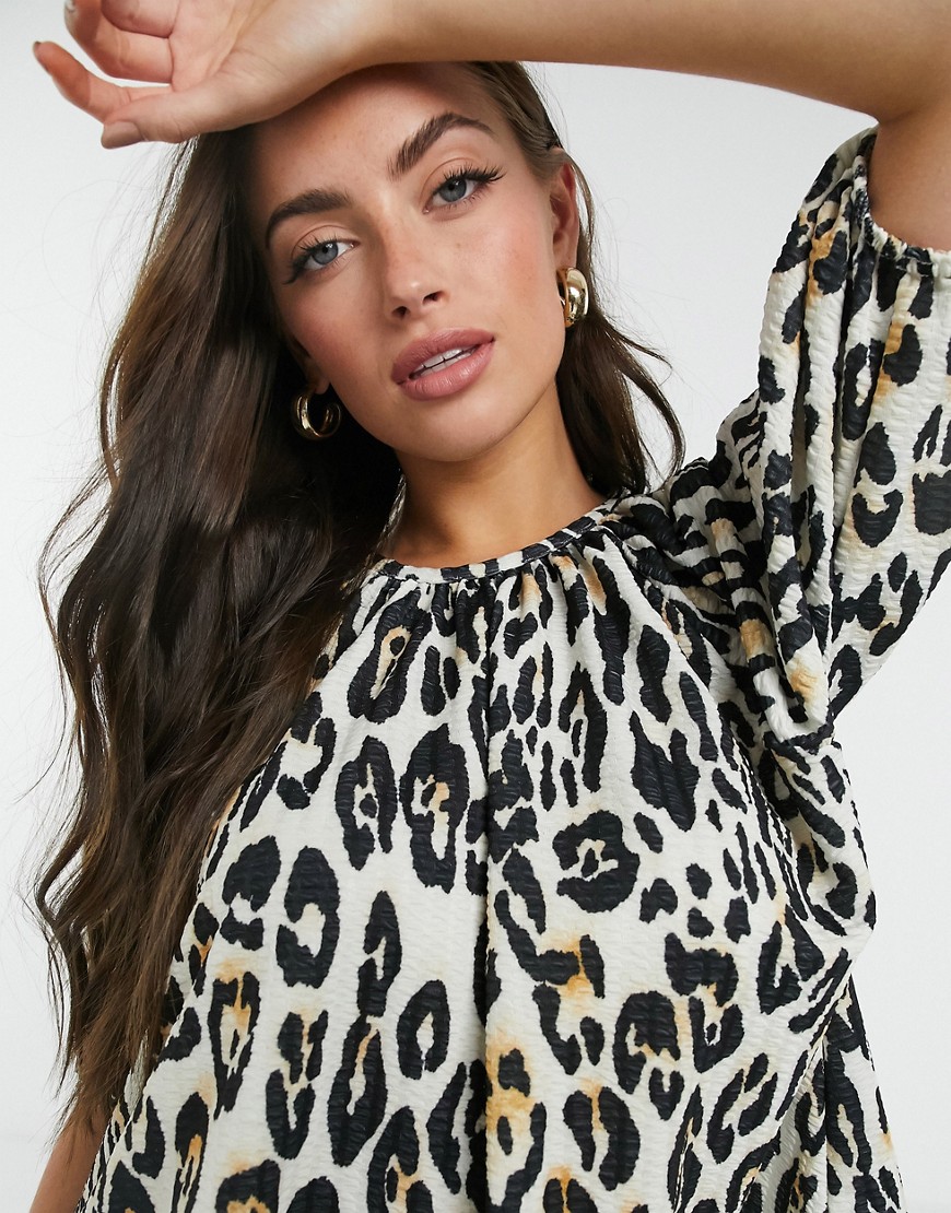 ASOS DESIGN textured trapeze smock top in large leopard animal print-Brown