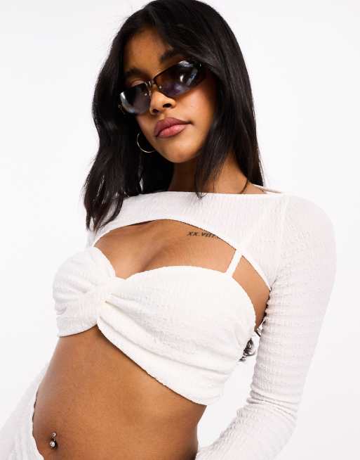 ASOS DESIGN textured twist front bralet with shrug in white (part of a set), 3 of 4