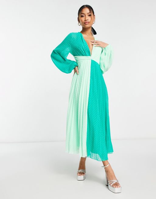 ASOS DESIGN textured twist front pleated midi dress in green color block