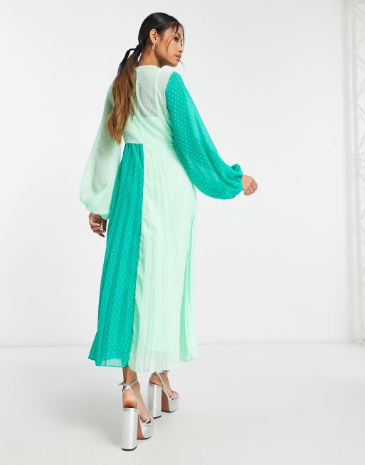 ASOS DESIGN textured twist front pleated midi dress in green color block , 2 of 4