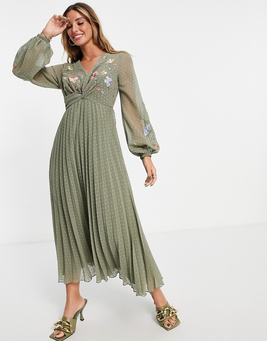 ASOS DESIGN textured twist front pleated midi dress with all-over embroidery in khaki-Green