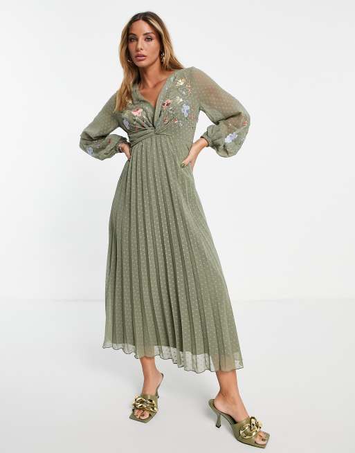 ASOS DESIGN textured twist front pleated midi dress with all-over embroidery in khaki, 4 of 4