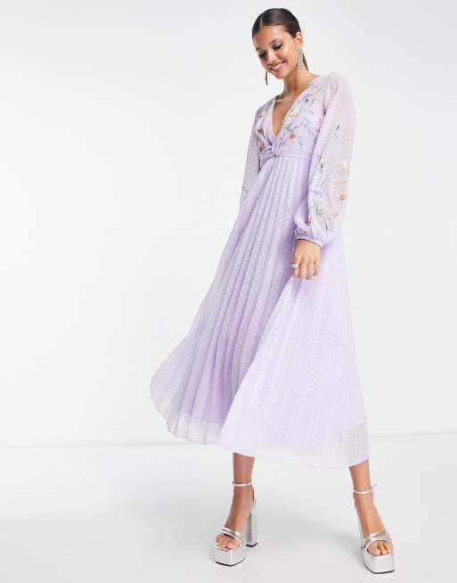 ASOS DESIGN textured twist front pleated midi dress with all over  embroidery in lilac