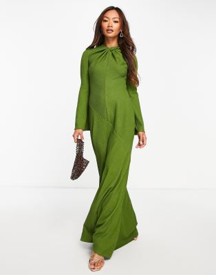 Asos Design Textured Twist High Neck Flute Sleeve Maxi Dress In Green In Green