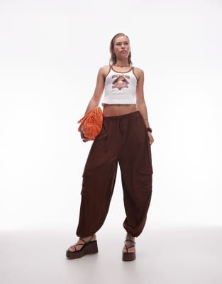 Asos Design Textured Utility Pocket Balloon Pants In Brown