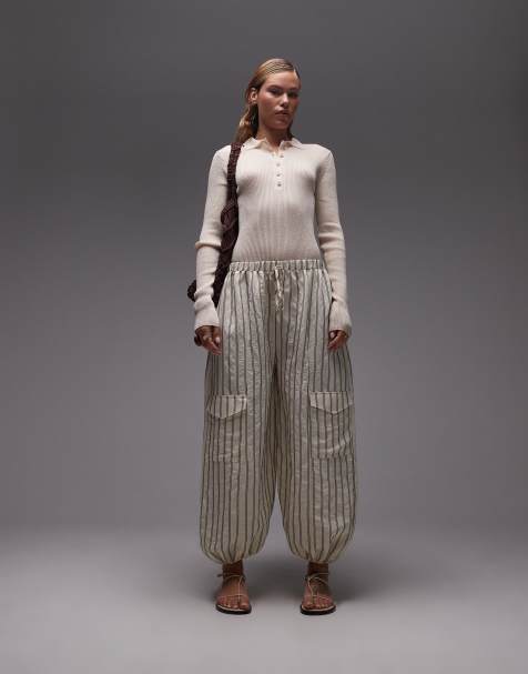 ASOS DESIGN textured utility pocket balloon trouser in buttermilk stripe