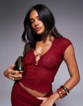 [ASOS DESIGN] ASOS DESIGN textured v-neck cap sleeve top in berry (Part of a set)-Purple XS Berry