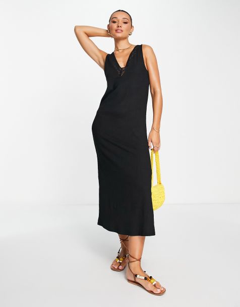 ASOS DESIGN textured v neck midi dress with crochet detail in black - view 1